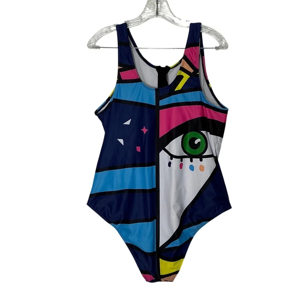 Pop Art‎ Abstract Face One Piece Swimsuit Blue Pink 2XL Front Zip Scoop Back